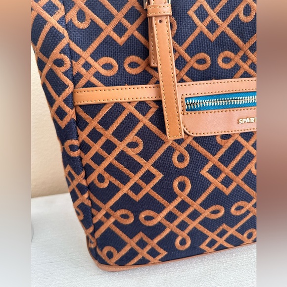 New Spartina 449 Mareena Avery Navy/Tan Leather/ Natural Linen Tote Purse - Picture 5 of 13